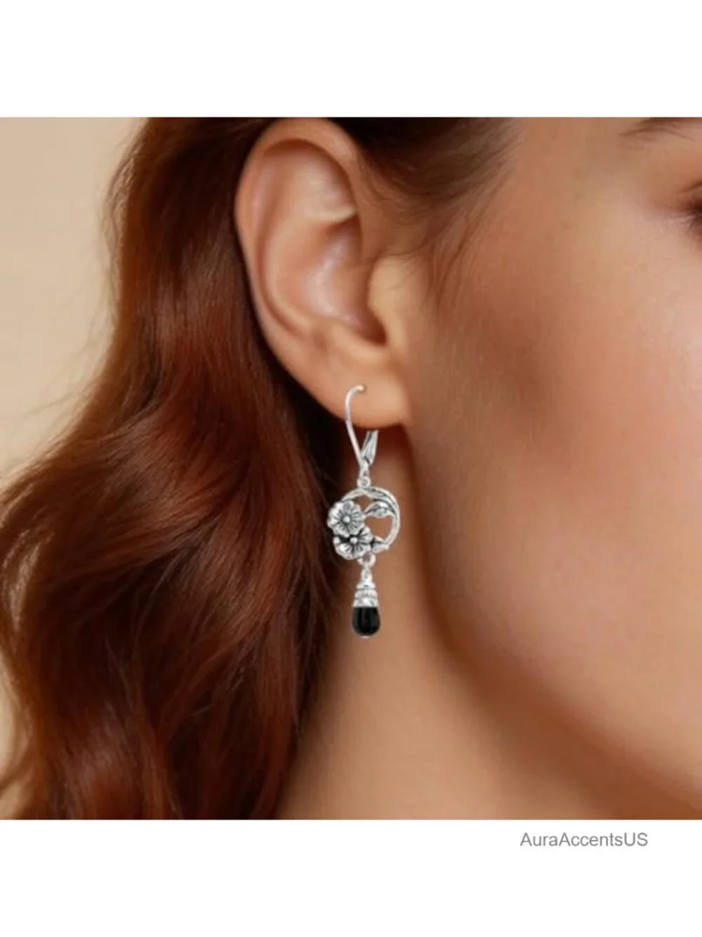 Natural Stone Drop Flower Earrings, Silver Plated Brass, French Leverback